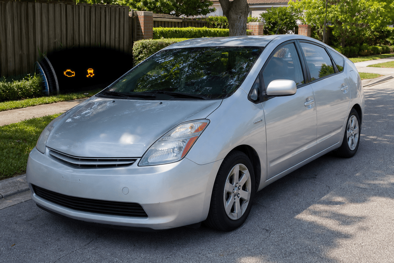 Silver hybrid hatchback with dashboard warning lights