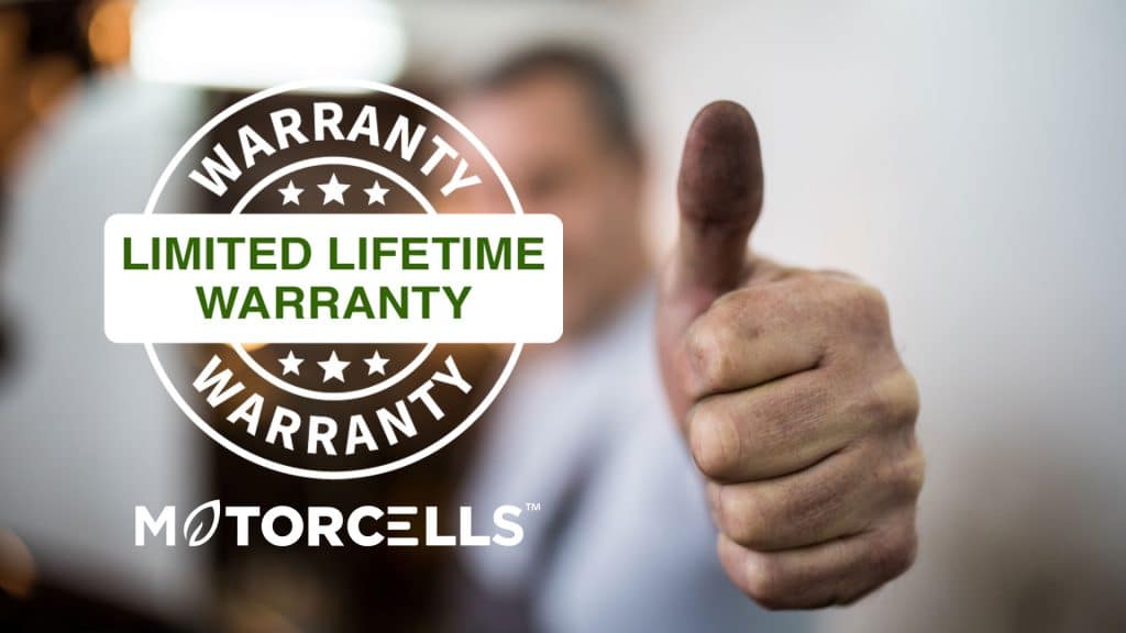 Motorcells warranty badge for lifetime warranty on new batteries