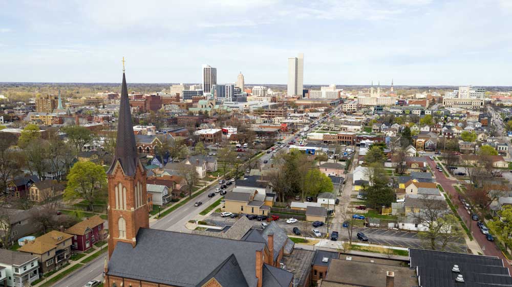 Aerial view of Fort Wayne, IN downtown. This is in the Motorcells hybrid battery repair service area.